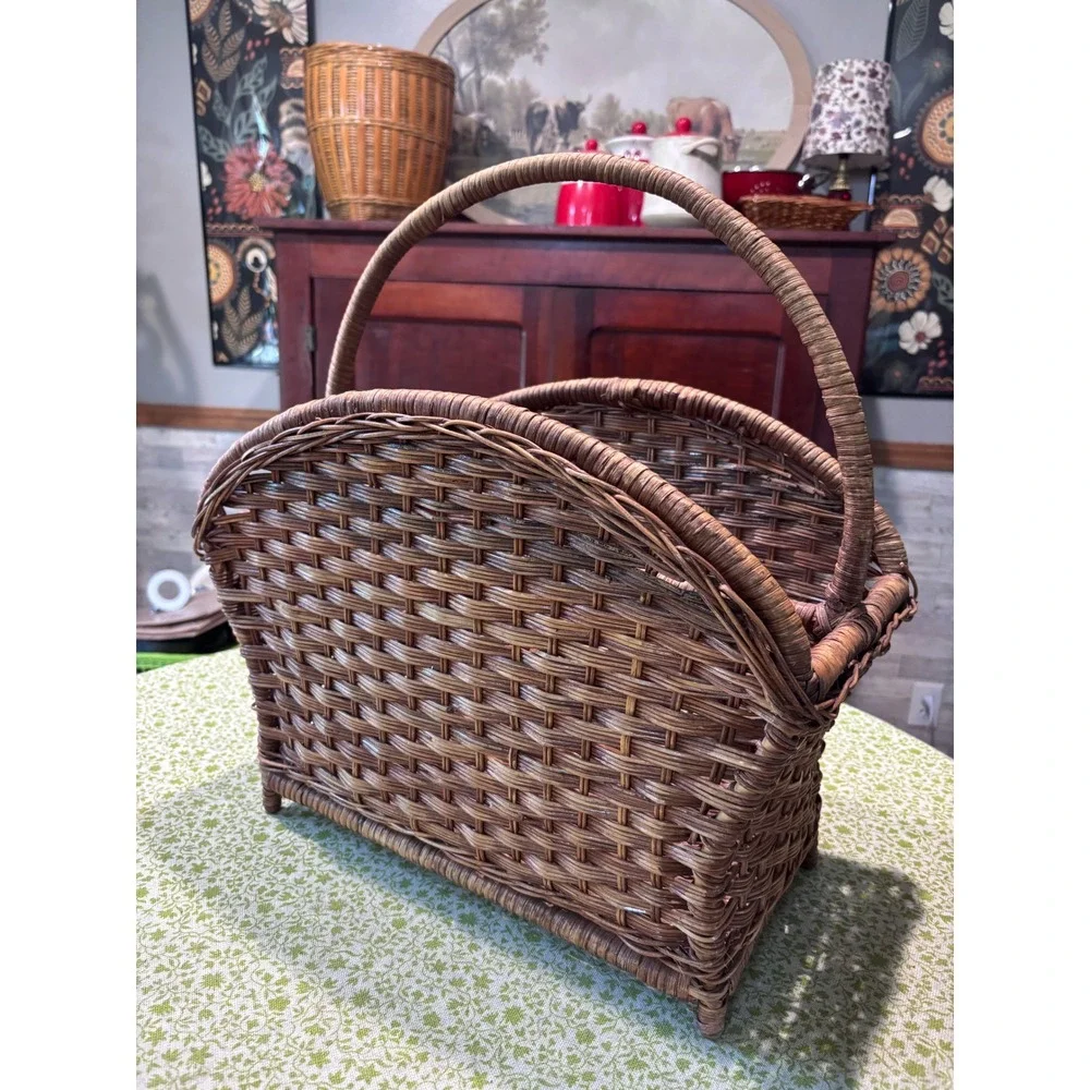 Vintage Woven Wicker Magazine Rack Basket with Handle Brown Rustic Farmhouse